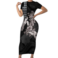 Hawaiian Turtle Love Couple Short Sleeve Bodycon Dress - Sweet Hibiscus and Kakau Pattern Grayscale Color LT03 Long Dress Black - Polynesian Pride
