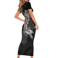 Hawaiian Turtle Love Couple Short Sleeve Bodycon Dress - Sweet Hibiscus and Kakau Pattern Grayscale Color LT03 - Polynesian Pride