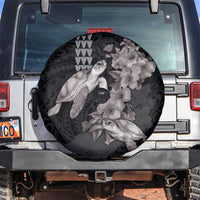 Hawaiian Turtle Love Couple Spare Tire Cover - Sweet Hibiscus and Kakau Pattern Grayscale Color LT03 Black - Polynesian Pride