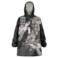 Hawaiian Turtle Love Couple Wearable Blanket Hoodie - Sweet Hibiscus and Kakau Pattern Grayscale Color LT03 One Size Black - Polynesian Pride