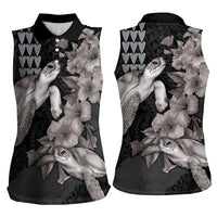Hawaiian Turtle Love Couple Women Sleeveless Polo Shirt - Sweet Hibiscus and Kakau Pattern Grayscale Color LT03 - Polynesian Pride