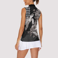 Hawaiian Turtle Love Couple Women Sleeveless Polo Shirt - Sweet Hibiscus and Kakau Pattern Grayscale Color LT03 - Polynesian Pride
