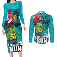 Hawaii Great Aloha Run 40th Anniversary Couples Matching Long Sleeve Bodycon Dress and Long Sleeve Button Shirt With Turtle Mascot Marathon Hibiscus and Kakau LT03 Turquoise - Polynesian Pride