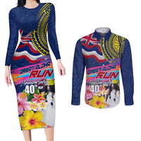 Hawaii Great Aloha Run 40th Anniversary Couples Matching Long Sleeve Bodycon Dress and Long Sleeve Button Shirt Hibiscus and Kakau Pattern LT03 Blue - Polynesian Pride