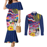 Hawaii Great Aloha Run 40th Anniversary Couples Matching Mermaid Dress and Long Sleeve Button Shirt Hibiscus and Kakau Pattern LT03 Blue - Polynesian Pride
