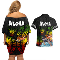 Hawaii Lei Day Couples Matching Off Shoulder Short Dress and Hawaiian Shirt Hibiscus Wreath and Polynesian Pattern