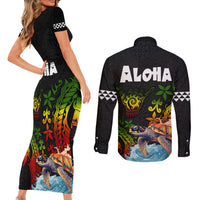 Hawaii Lei Day Couples Matching Short Sleeve Bodycon Dress and Long Sleeve Button Shirt Hibiscus Wreath and Polynesian Pattern