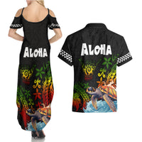 Hawaii Lei Day Couples Matching Summer Maxi Dress and Hawaiian Shirt Hibiscus Wreath and Polynesian Pattern