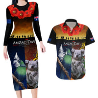 Australia and New Zealand ANZAC Day Couples Matching Long Sleeve Bodycon Dress and Hawaiian Shirt Tui Bird and Koala mix Maori and Aboriginal Pattern LT03 Black - Polynesian Pride