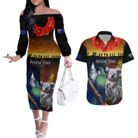 Australia and New Zealand ANZAC Day Couples Matching Off The Shoulder Long Sleeve Dress and Hawaiian Shirt Tui Bird and Koala mix Maori and Aboriginal Pattern LT03 Black - Polynesian Pride