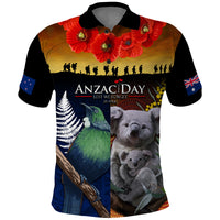 Australia and New Zealand ANZAC Day Polo Shirt Tui Bird and Koala mix Maori and Aboriginal Pattern LT03 Black - Polynesian Pride