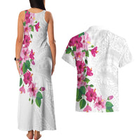 Hawaiian Hibiscus and Art Polynesian Tattoo Couples Matching Tank Maxi Dress and Hawaiian Shirt White Color