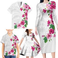Hawaiian Hibiscus and Art Polynesian Tattoo Family Matching Long Sleeve Bodycon Dress and Hawaiian Shirt White Color