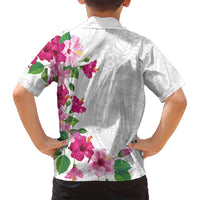 Hawaiian Hibiscus and Art Polynesian Tattoo Family Matching Off Shoulder Short Dress and Hawaiian Shirt White Color