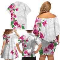 Hawaiian Hibiscus and Art Polynesian Tattoo Family Matching Off Shoulder Short Dress and Hawaiian Shirt White Color
