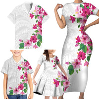 Hawaiian Hibiscus and Art Polynesian Tattoo Family Matching Short Sleeve Bodycon Dress and Hawaiian Shirt White Color