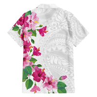 Hawaiian Hibiscus and Art Polynesian Tattoo Family Matching Short Sleeve Bodycon Dress and Hawaiian Shirt White Color