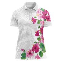 Hawaiian Hibiscus and Art Polynesian Tattoo Women Polo Shirt White Color LT03 Female White - Polynesian Pride