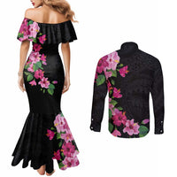 Hawaiian Hibiscus and Art Polynesian Tattoo Couples Matching Mermaid Dress and Long Sleeve Button Shirt Black Color