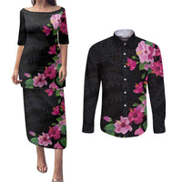 Hawaiian Hibiscus and Art Polynesian Tattoo Couples Matching Puletasi and Long Sleeve Button Shirt Black Color LT03 Black - Polynesian Pride