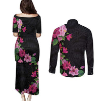 Hawaiian Hibiscus and Art Polynesian Tattoo Couples Matching Puletasi and Long Sleeve Button Shirt Black Color LT03 - Polynesian Pride