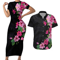 Hawaiian Hibiscus and Art Polynesian Tattoo Couples Matching Short Sleeve Bodycon Dress and Hawaiian Shirt Black Color