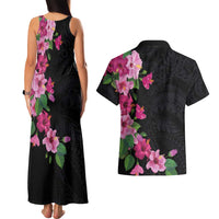 Hawaiian Hibiscus and Art Polynesian Tattoo Couples Matching Tank Maxi Dress and Hawaiian Shirt Black Color