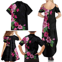Hawaiian Hibiscus and Art Polynesian Tattoo Family Matching Summer Maxi Dress and Hawaiian Shirt Black Color