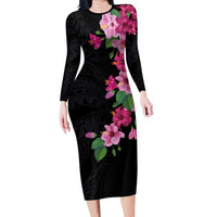 Hawaiian Hibiscus and Art Polynesian Tattoo Long Sleeve Bodycon Dress Black Color LT03 Long Dress Black - Polynesian Pride