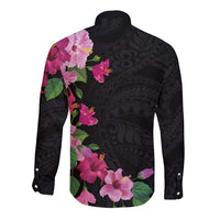 Hawaiian Hibiscus and Art Polynesian Tattoo Long Sleeve Button Shirt Black Color