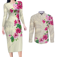 Hawaiian Hibiscus and Art Polynesian Tattoo Couples Matching Long Sleeve Bodycon Dress and Long Sleeve Button Shirt Beige Color