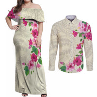 Hawaiian Hibiscus and Art Polynesian Tattoo Couples Matching Off Shoulder Maxi Dress and Long Sleeve Button Shirt Beige Color