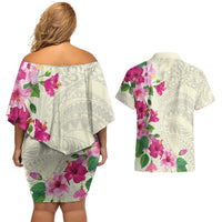 Hawaiian Hibiscus and Art Polynesian Tattoo Couples Matching Off Shoulder Short Dress and Hawaiian Shirt Beige Color