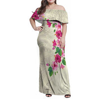 Hawaiian Hibiscus and Art Polynesian Tattoo Family Matching Off Shoulder Maxi Dress and Hawaiian Shirt Beige Color LT03 Mom's Dress Beige - Polynesian Pride