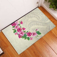 Hawaiian Hibiscus and Art Polynesian Tattoo Rubber Doormat Beige Color