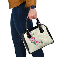 Hawaiian Hibiscus and Art Polynesian Tattoo Shoulder Handbag Beige Color