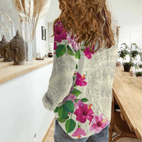 Hawaiian Hibiscus and Art Polynesian Tattoo Women Casual Shirt Beige Color LT03 - Polynesian Pride