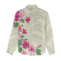 Hawaiian Hibiscus and Art Polynesian Tattoo Women Casual Shirt Beige Color LT03 - Polynesian Pride