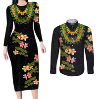 Hawaiian Lei Plumeria and Tropical Leaves Couples Matching Long Sleeve Bodycon Dress and Long Sleeve Button Shirt Watercolor Style