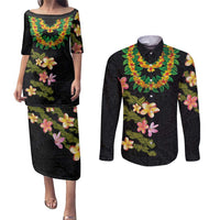 Hawaiian Lei Plumeria and Tropical Leaves Couples Matching Puletasi and Long Sleeve Button Shirt Watercolor Style LT03 Black - Polynesian Pride
