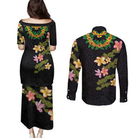 Hawaiian Lei Plumeria and Tropical Leaves Couples Matching Puletasi and Long Sleeve Button Shirt Watercolor Style LT03 - Polynesian Pride