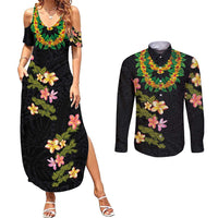 Hawaiian Lei Plumeria and Tropical Leaves Couples Matching Summer Maxi Dress and Long Sleeve Button Shirt Watercolor Style