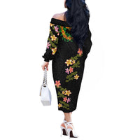 Hawaiian Lei Plumeria and Tropical Leaves Off The Shoulder Long Sleeve Dress Watercolor Style LT03 - Polynesian Pride