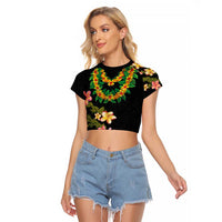 Hawaiian Lei Plumeria and Tropical Leaves Raglan Cropped T Shirt Watercolor Style LT03 Female Black - Polynesian Pride