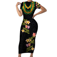 Hawaiian Lei Plumeria and Tropical Leaves Short Sleeve Bodycon Dress Watercolor Style LT03 Long Dress Black - Polynesian Pride