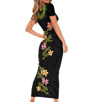 Hawaiian Lei Plumeria and Tropical Leaves Short Sleeve Bodycon Dress Watercolor Style LT03 - Polynesian Pride