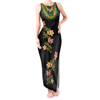 Hawaiian Lei Plumeria and Tropical Leaves Tank Maxi Dress Watercolor Style LT03 Women Black - Polynesian Pride