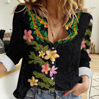 Hawaiian Lei Plumeria and Tropical Leaves Women Casual Shirt Watercolor Style LT03 Female Black - Polynesian Pride