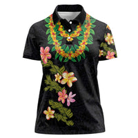 Hawaiian Lei Plumeria and Tropical Leaves Women Polo Shirt Watercolor Style LT03 Female Black - Polynesian Pride