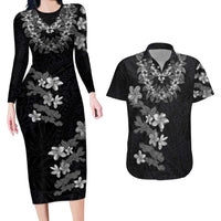 Hawaiian Lei Plumeria and Tropical Leaves Couples Matching Long Sleeve Bodycon Dress and Hawaiian Shirt Watercolor Style-Grayscale